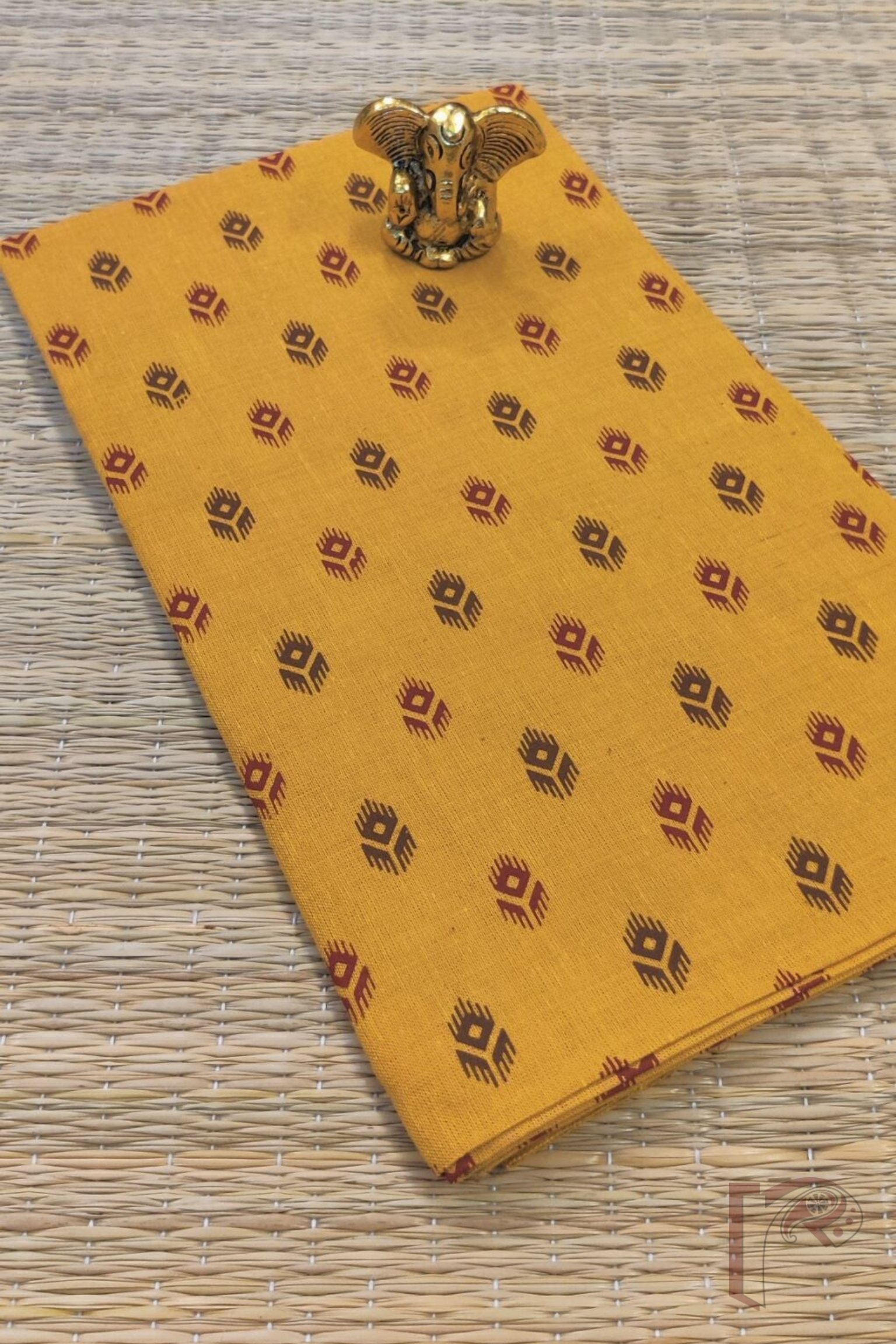 Turmeric Yellow Mangalgiri Cotton Blouse with Red and Brown Motifs