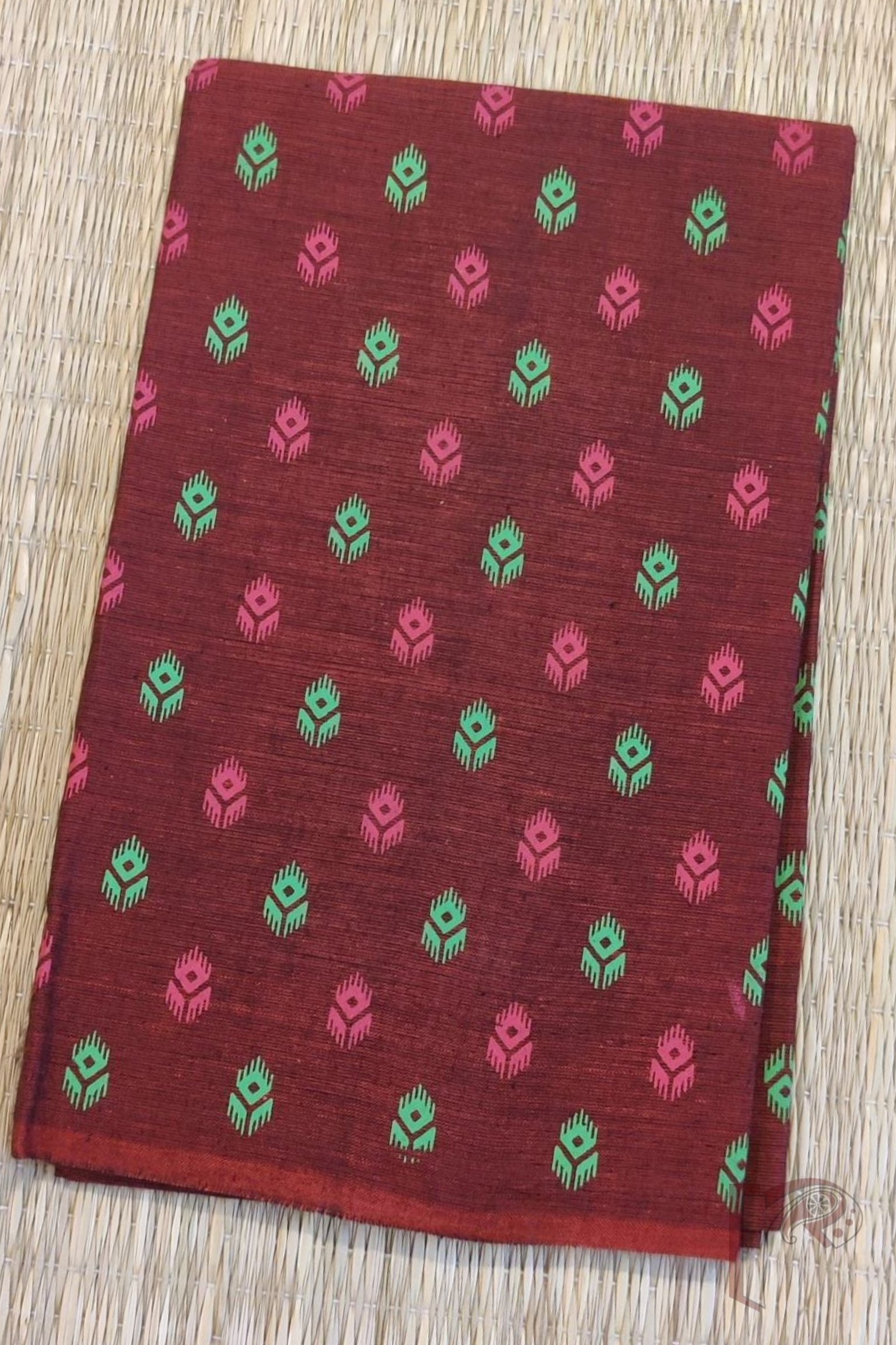 Maroon Mangalgiri Blouse Material with Green and Pink Woven Motifs - Image 2