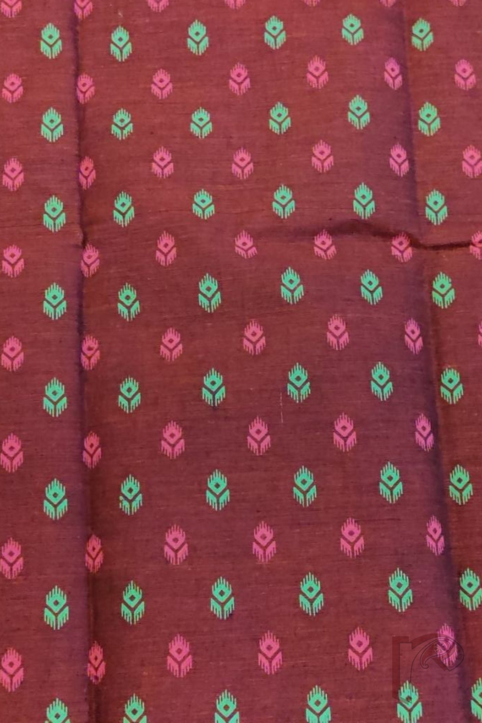 Maroon Mangalgiri Blouse Material with Green and Pink Woven Motifs - Image 3