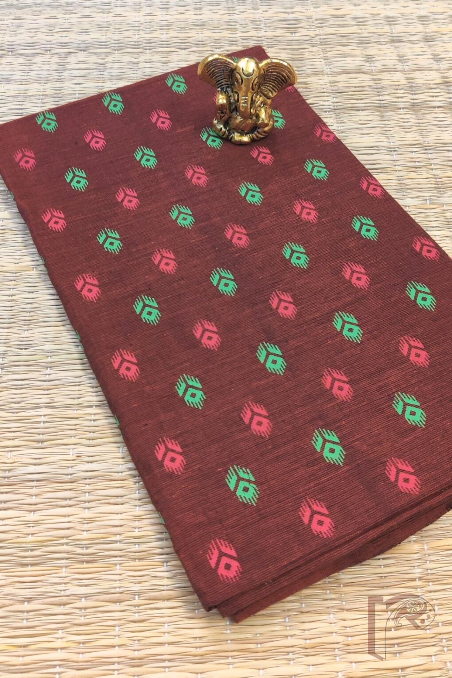 Maroon Mangalgiri Blouse Material with Green and Pink Woven Motifs