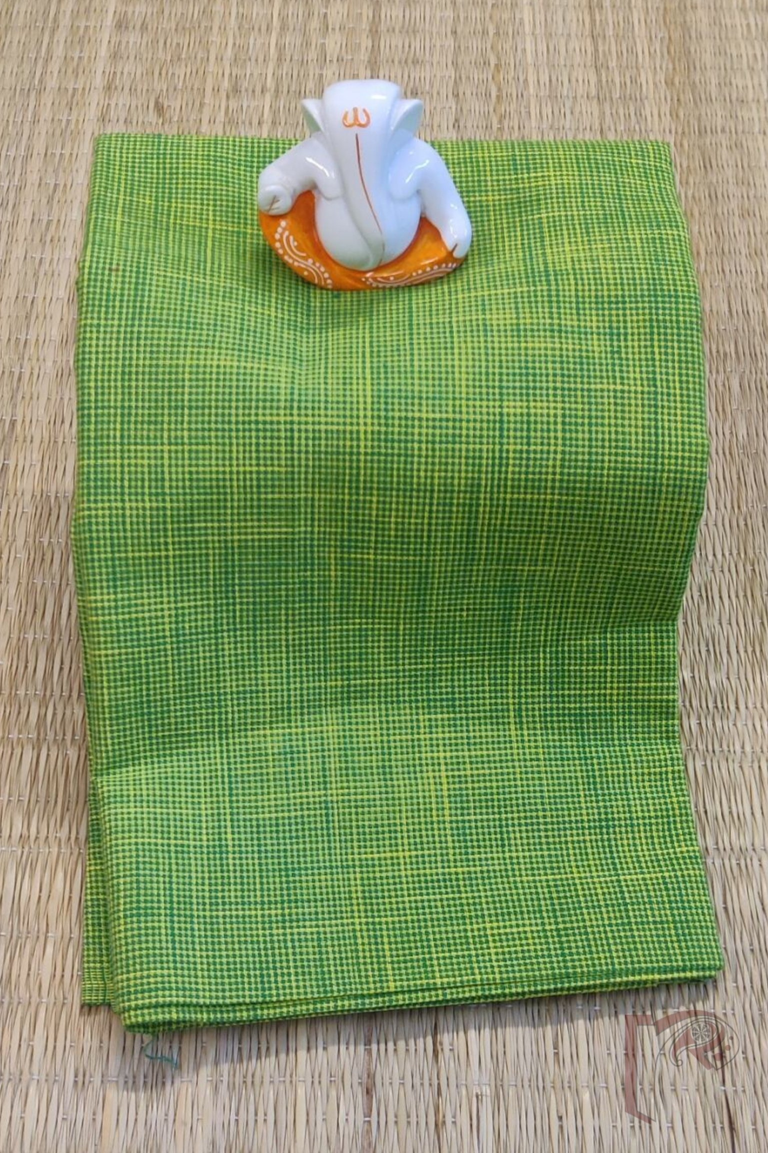 Light Green Mangalgiri Cotton Blouse with Yellow and Parrot Green Check Double Thread Weave