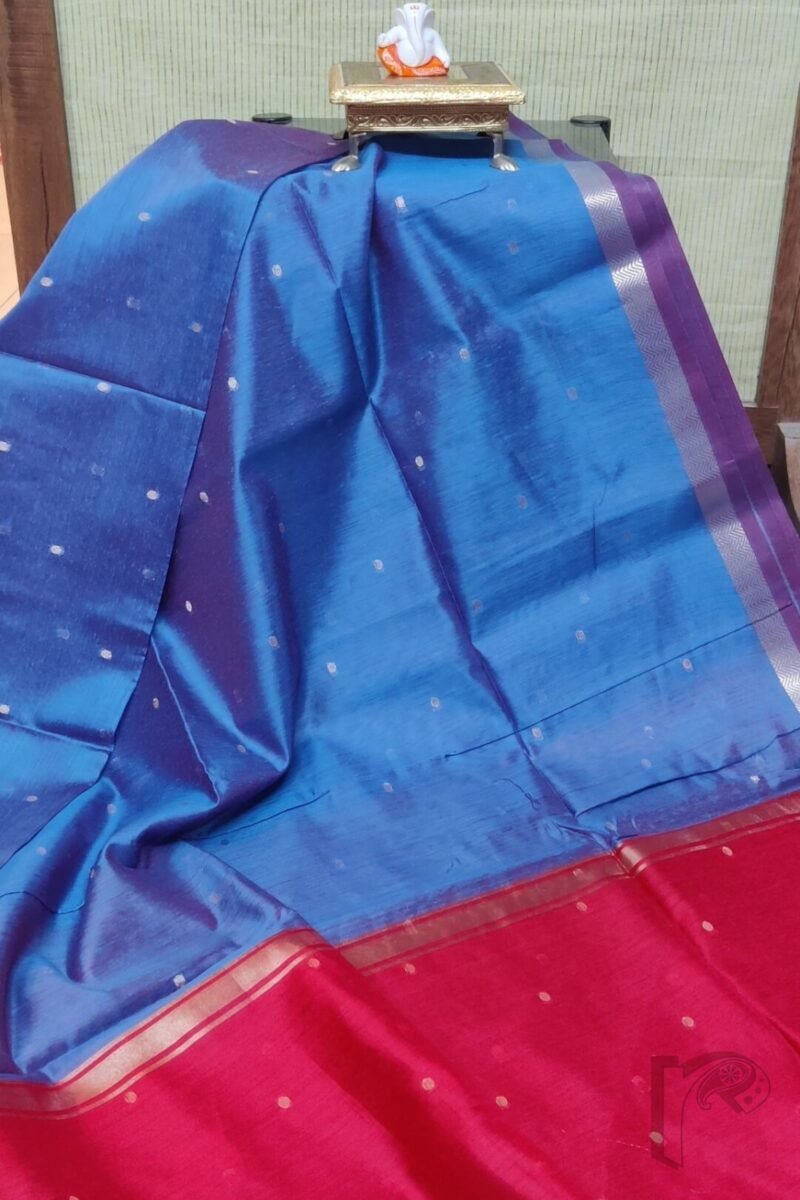 Woven Whispers – Dual Tone Blue and Red Cotton Silk Saree with Zari Buttis and Red Pallu - Image 2