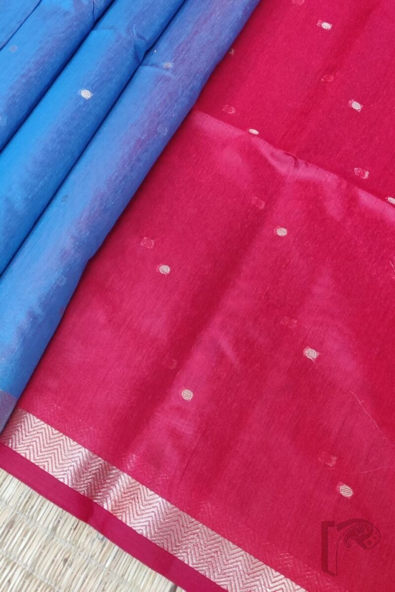 Woven Whispers – Dual Tone Blue and Red Cotton Silk Saree with Zari Buttis and Red Pallu - Image 7