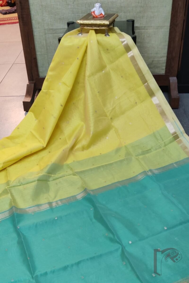 Woven Whispers – Lemon Yellow and Sea Green Cotton Silk Saree with Zari Buttis and Contrast Pallu - Image 2