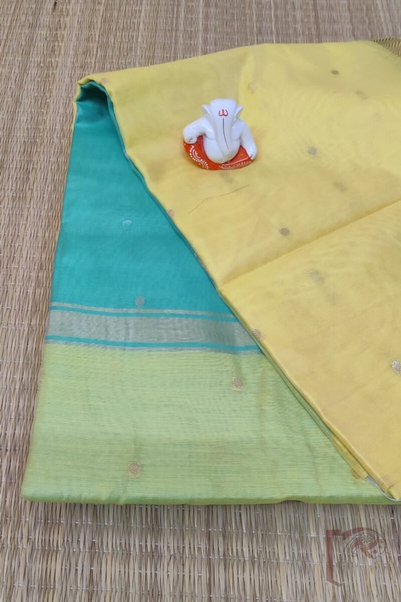 Woven Whispers – Lemon Yellow and Sea Green Cotton Silk Saree with Zari Buttis and Contrast Pallu - Image 3