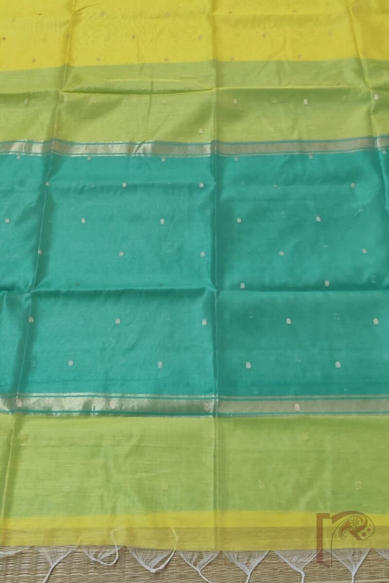 Woven Whispers – Lemon Yellow and Sea Green Cotton Silk Saree with Zari Buttis and Contrast Pallu - Image 4