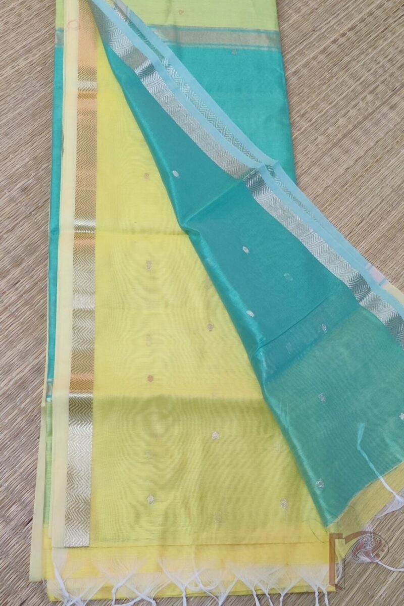 Woven Whispers – Lemon Yellow and Sea Green Cotton Silk Saree with Zari Buttis and Contrast Pallu - Image 5