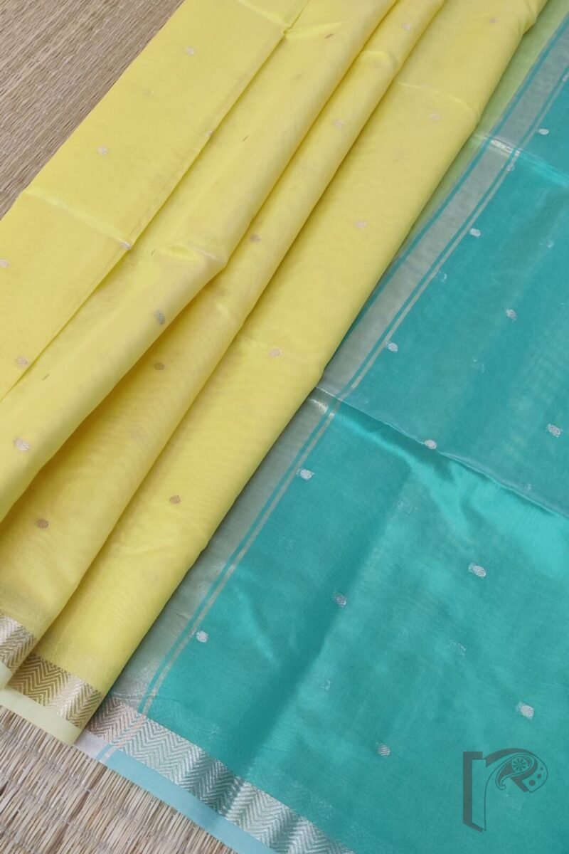 Woven Whispers – Lemon Yellow and Sea Green Cotton Silk Saree with Zari Buttis and Contrast Pallu - Image 6