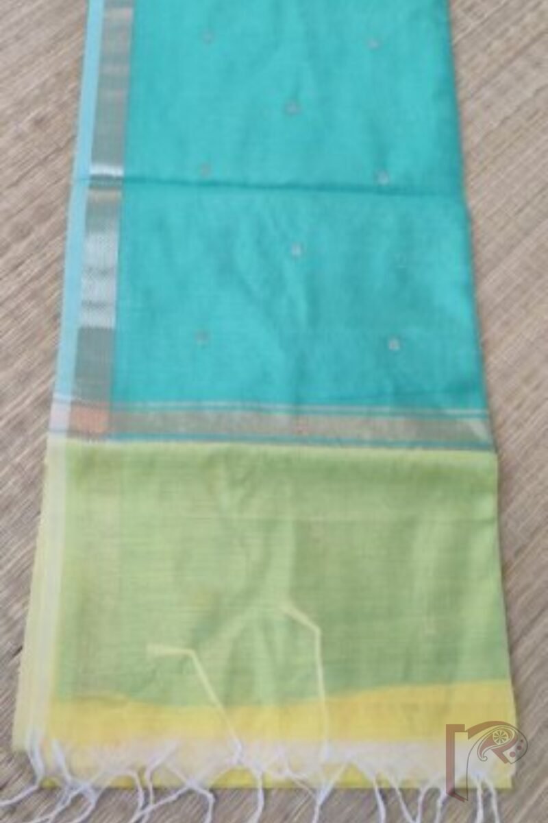 Woven Whispers – Lemon Yellow and Sea Green Cotton Silk Saree with Zari Buttis and Contrast Pallu - Image 7