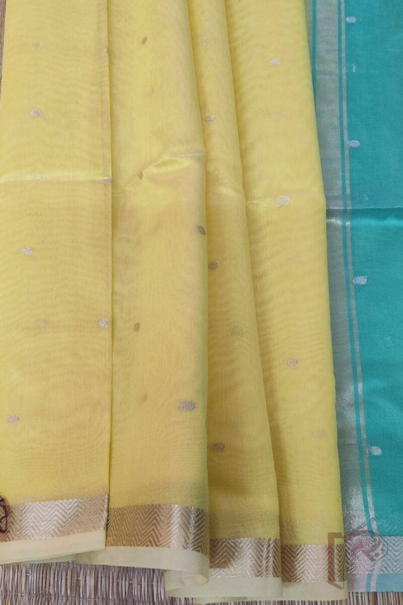 Woven Whispers – Lemon Yellow and Sea Green Cotton Silk Saree with Zari Buttis and Contrast Pallu - Image 8