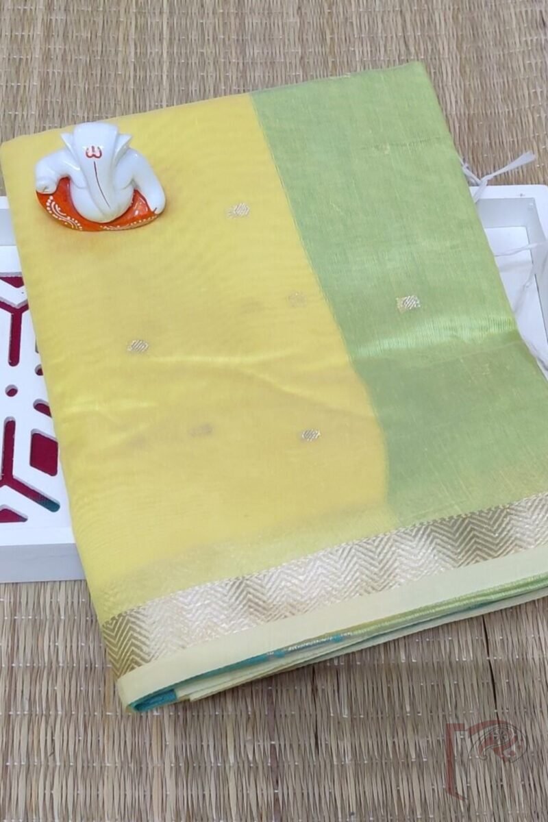 Woven Whispers – Lemon Yellow and Sea Green Cotton Silk Saree with Zari Buttis and Contrast Pallu