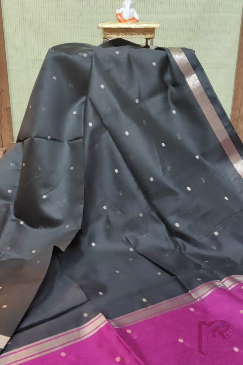 Woven Whispers – Black Cotton Silk Saree with Zari Buttis and Pink Pallu with Purple Blouse - Image 2