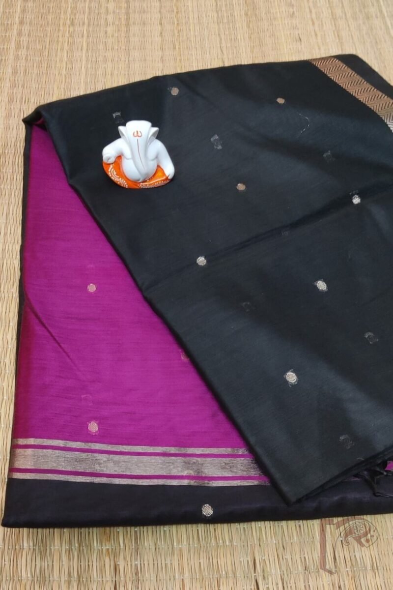 Woven Whispers – Black Cotton Silk Saree with Zari Buttis and Pink Pallu with Purple Blouse - Image 3