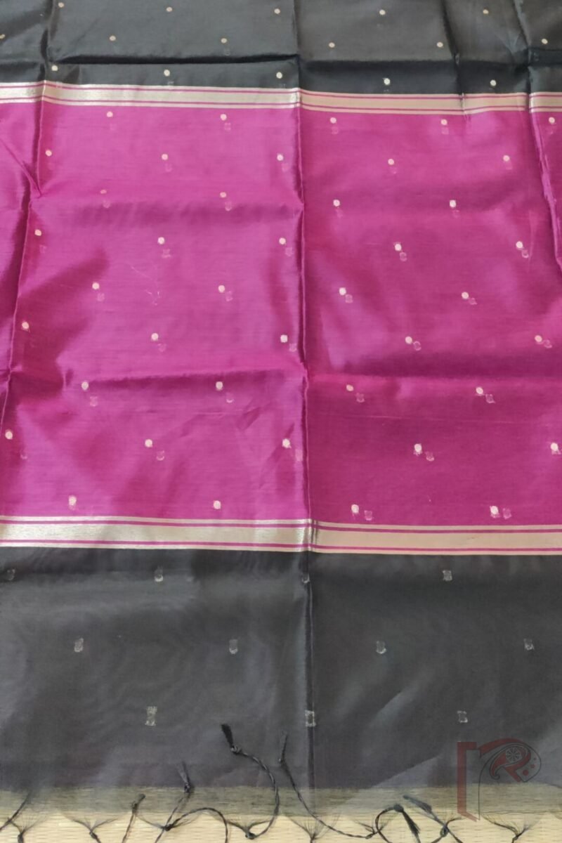 Woven Whispers – Black Cotton Silk Saree with Zari Buttis and Pink Pallu with Purple Blouse - Image 4