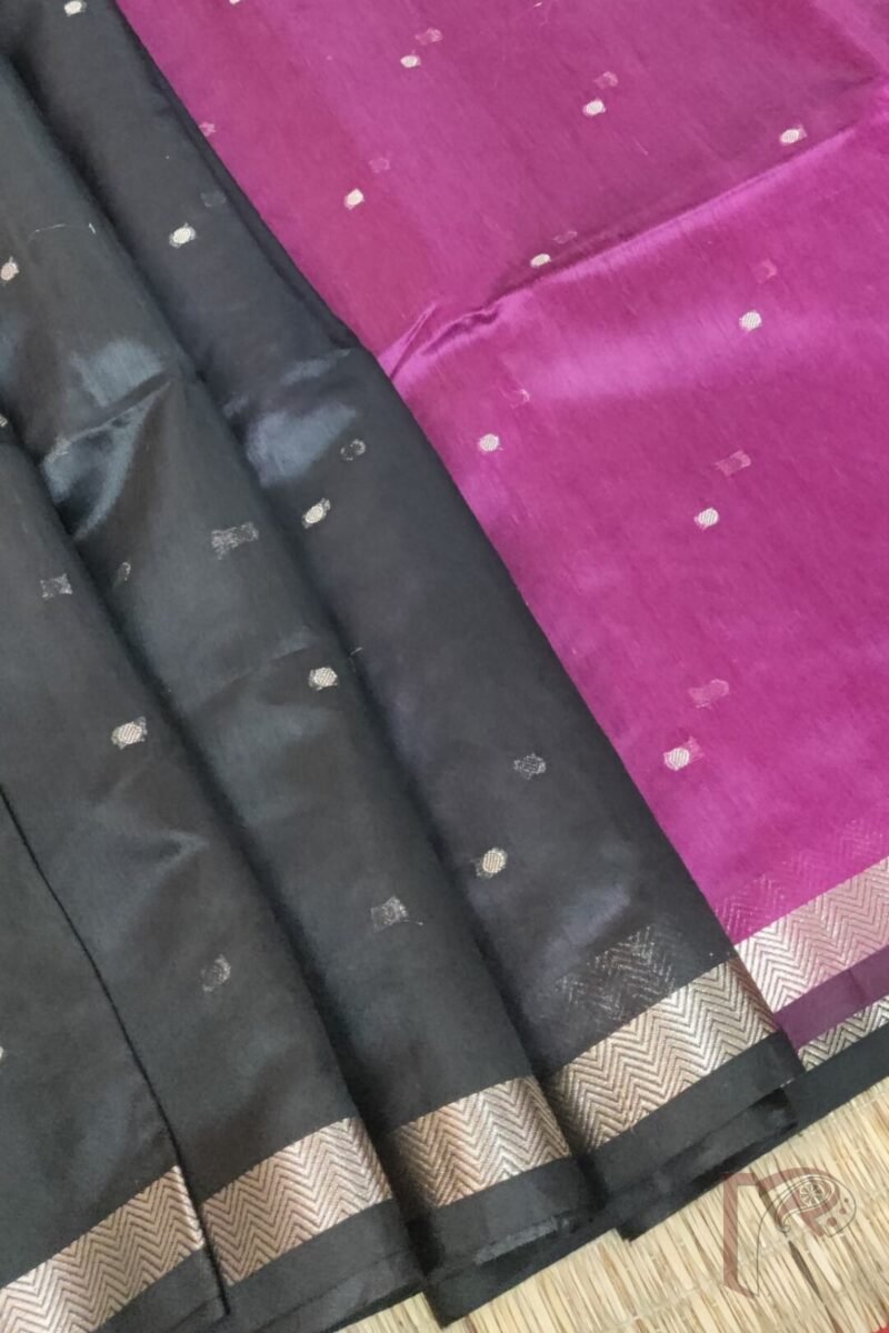 Woven Whispers – Black Cotton Silk Saree with Zari Buttis and Pink Pallu with Purple Blouse - Image 5