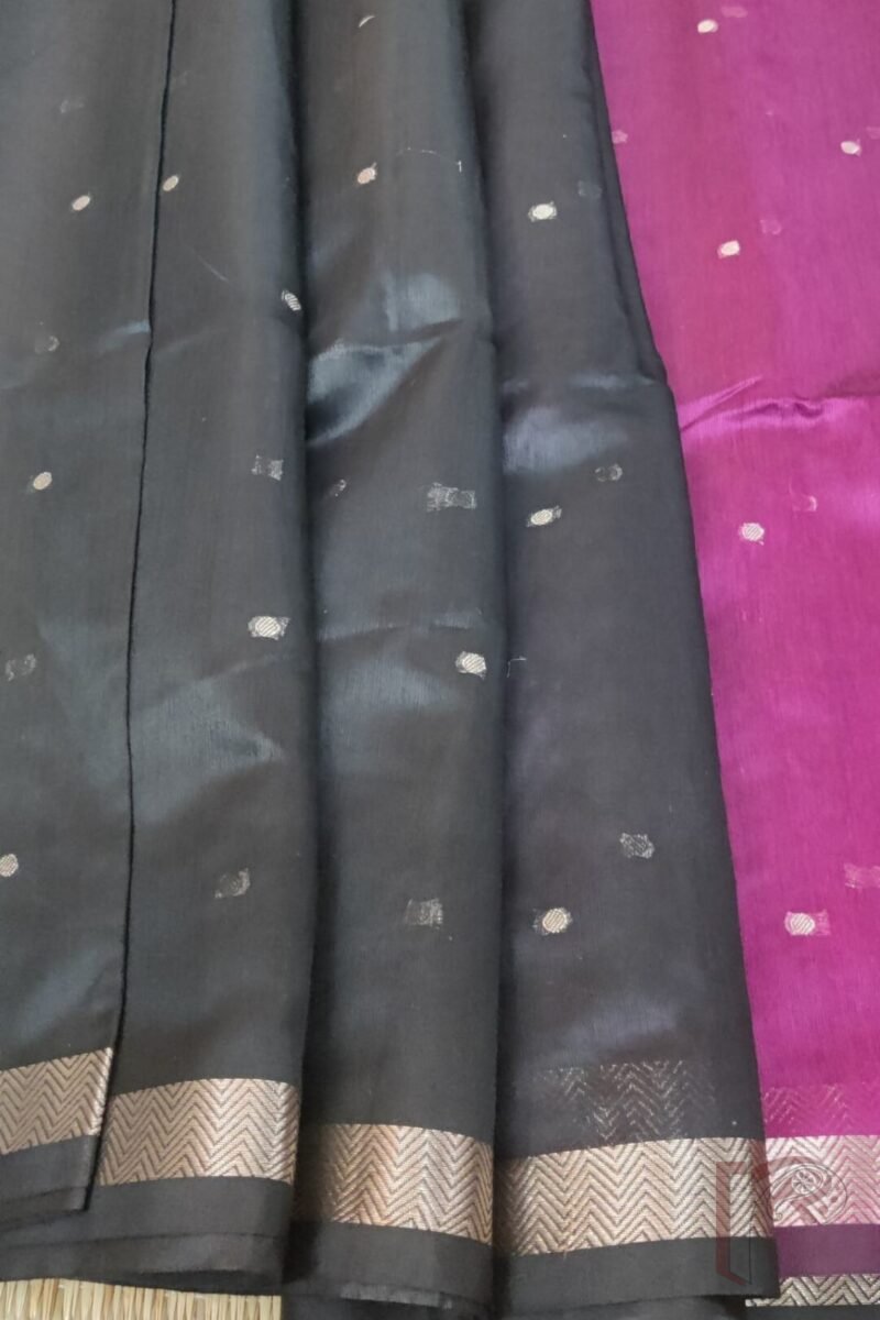 Woven Whispers – Black Cotton Silk Saree with Zari Buttis and Pink Pallu with Purple Blouse - Image 7