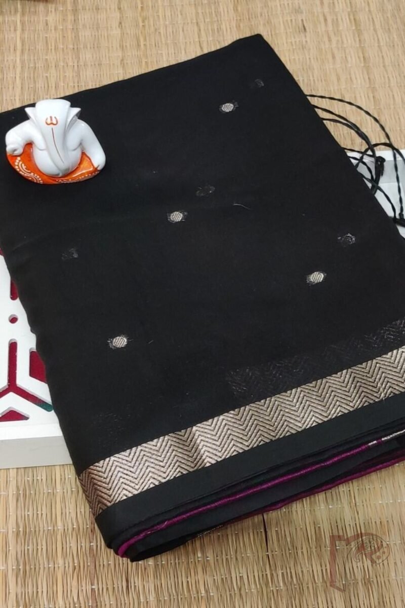 Woven Whispers – Black Cotton Silk Saree with Zari Buttis and Pink Pallu with Purple Blouse