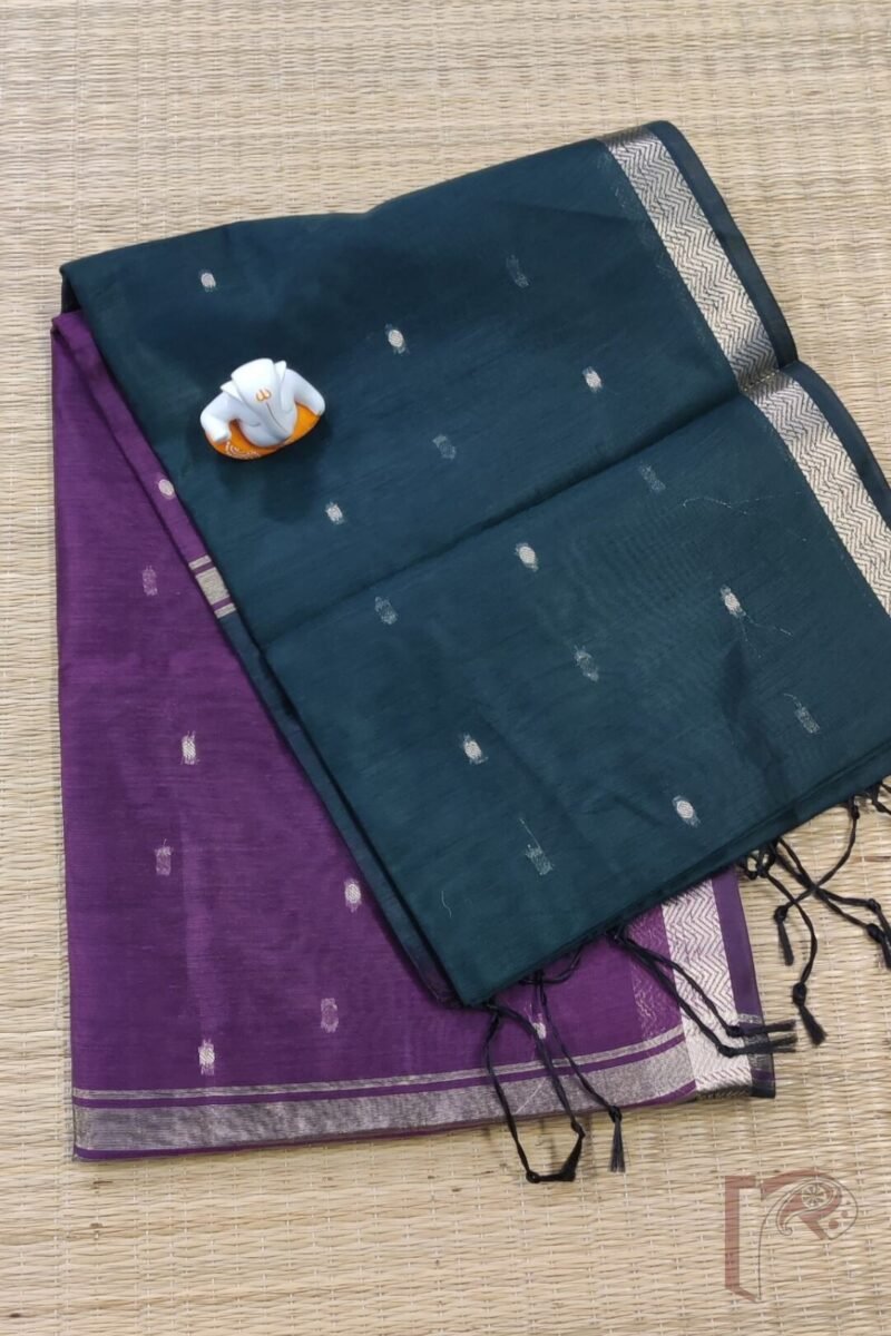 Woven Whispers – Black and Purple Cotton Silk Saree with Zari Buttis and Contrast Purple Pallu - Image 3