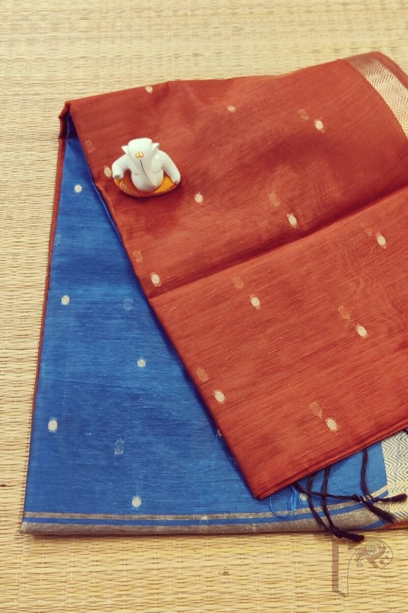 Woven Whispers – Brick Red and Blue Cotton Silk Saree with Zari Buttis and Blue Pallu - Image 3