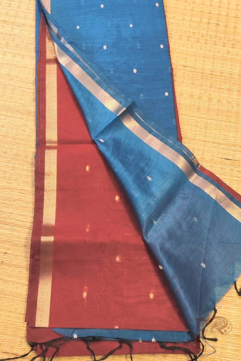 Woven Whispers – Brick Red and Blue Cotton Silk Saree with Zari Buttis and Blue Pallu - Image 5