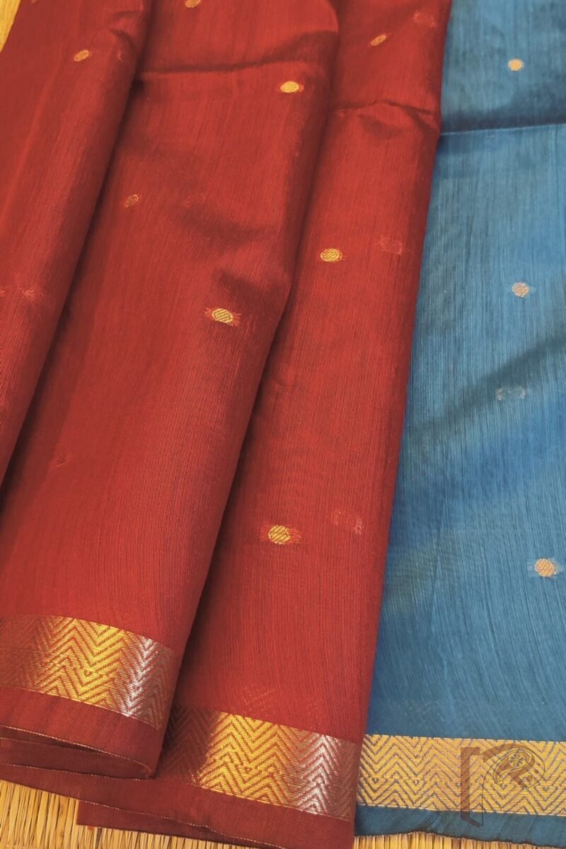 Woven Whispers – Brick Red and Blue Cotton Silk Saree with Zari Buttis and Blue Pallu - Image 6