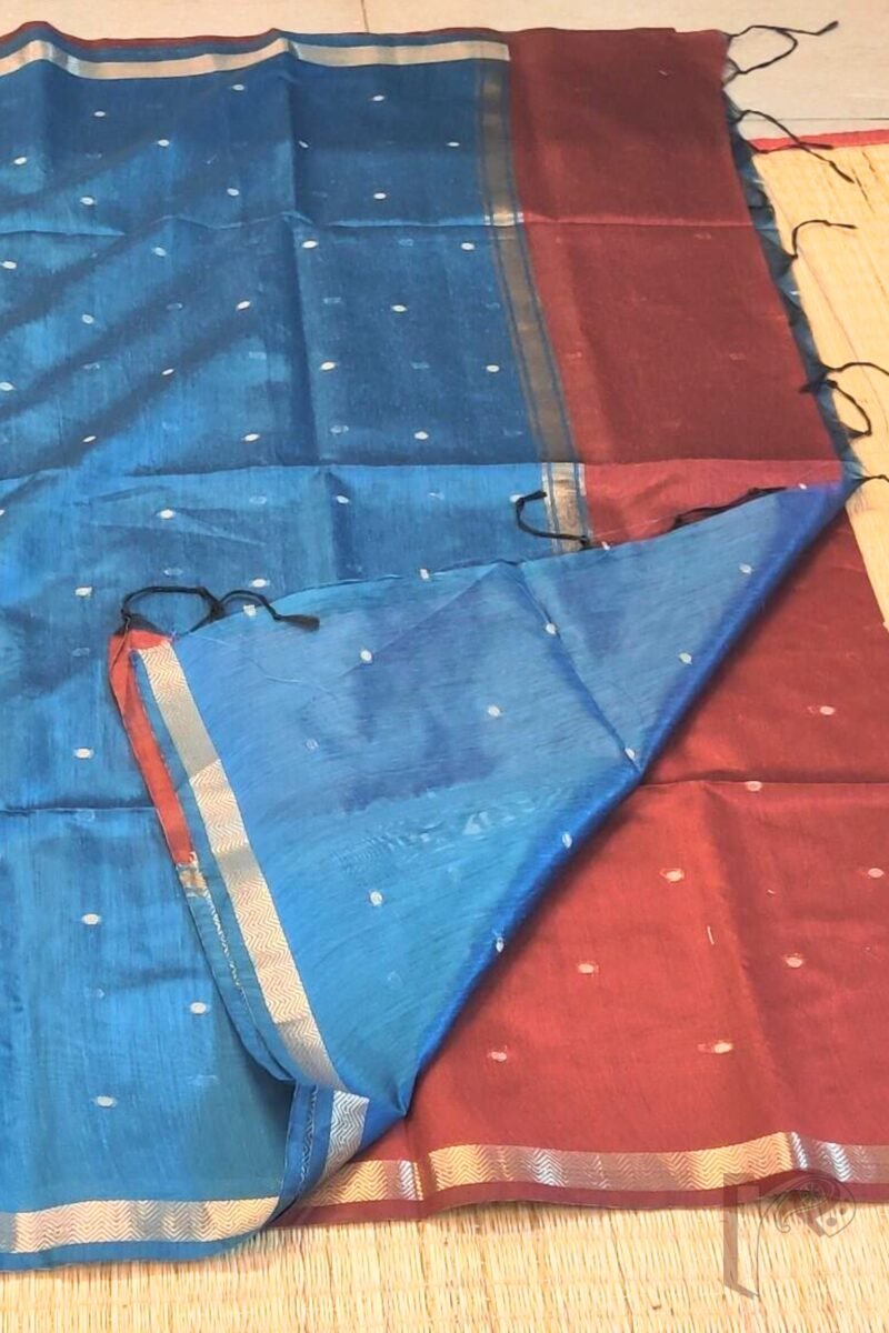 Woven Whispers – Brick Red and Blue Cotton Silk Saree with Zari Buttis and Blue Pallu - Image 7