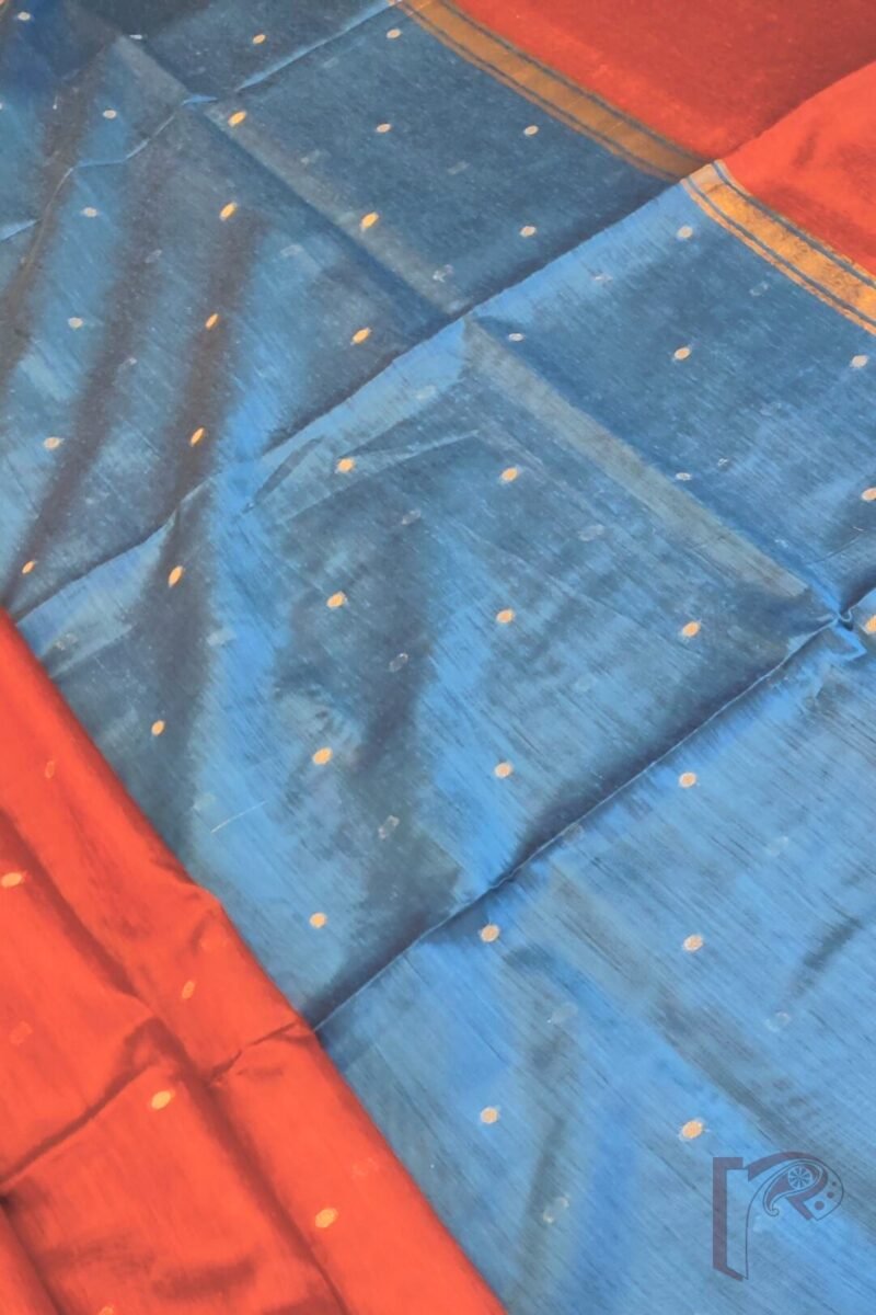 Woven Whispers – Brick Red and Blue Cotton Silk Saree with Zari Buttis and Blue Pallu - Image 8