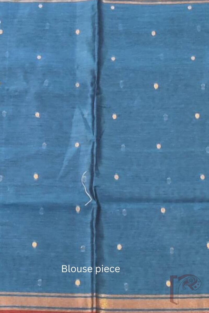 Woven Whispers – Brick Red and Blue Cotton Silk Saree with Zari Buttis and Blue Pallu - Image 9