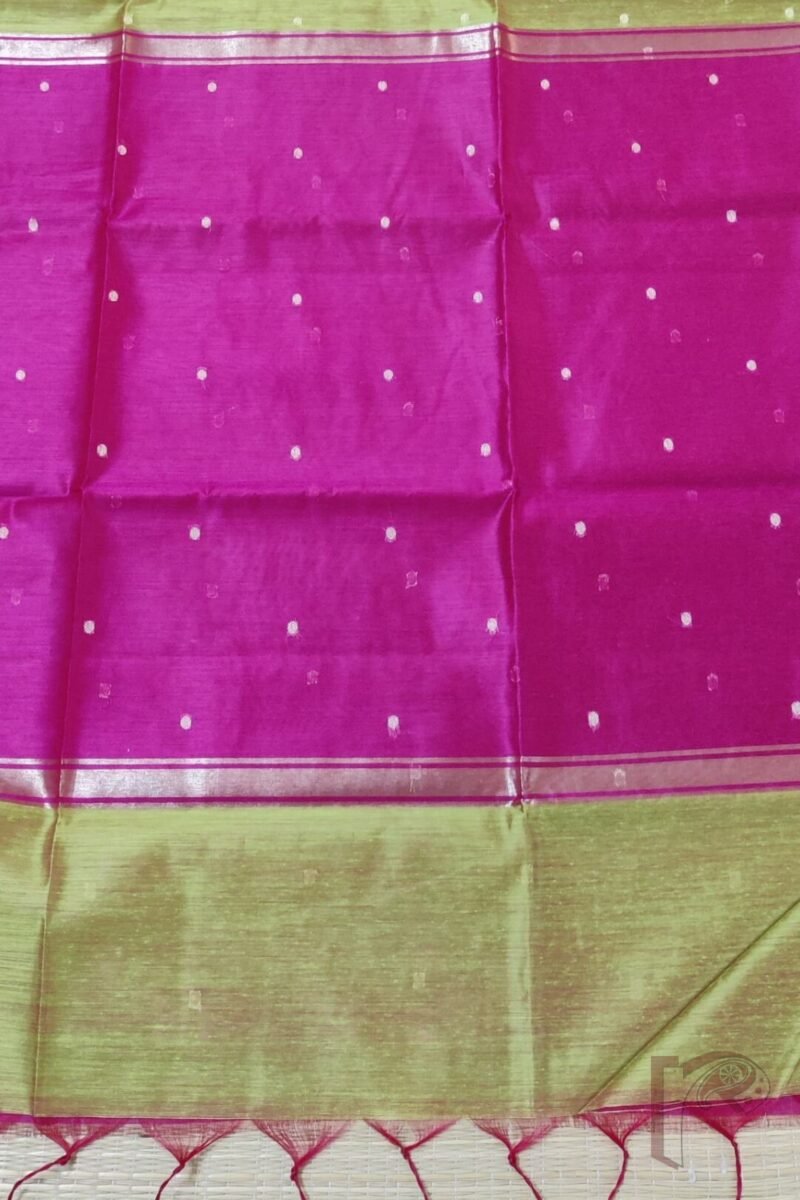 Woven Whispers – Green and Pink Cotton Silk Saree with Zari Buttis and Contrast Pink Pallu - Image 4