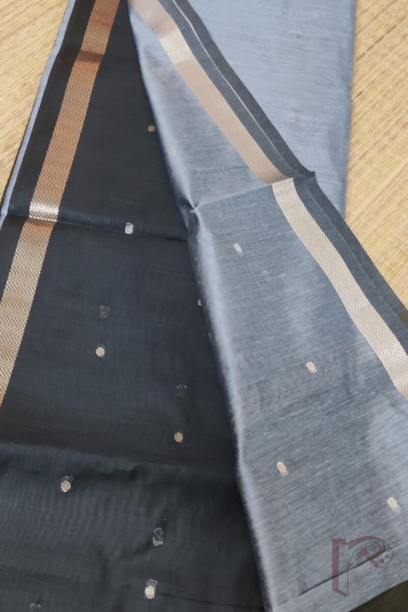 Woven Whispers – Black and Grey Cotton Silk Saree with Zari Buttis and Bottle Grey Pallu - Image 5