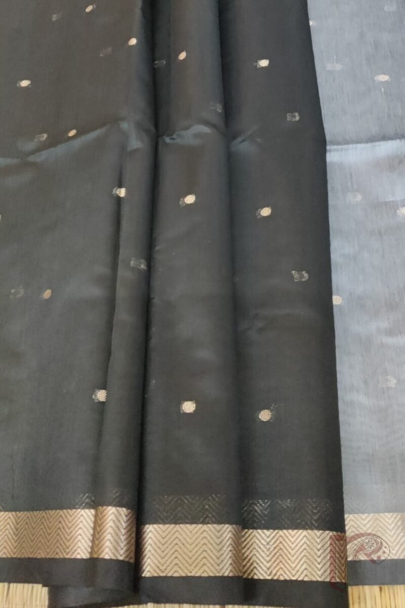 Woven Whispers – Black and Grey Cotton Silk Saree with Zari Buttis and Bottle Grey Pallu - Image 7