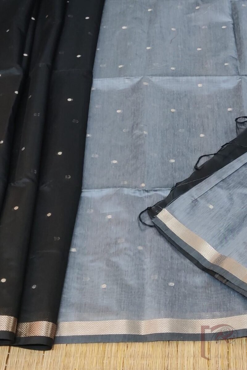 Woven Whispers – Black and Grey Cotton Silk Saree with Zari Buttis and Bottle Grey Pallu - Image 8