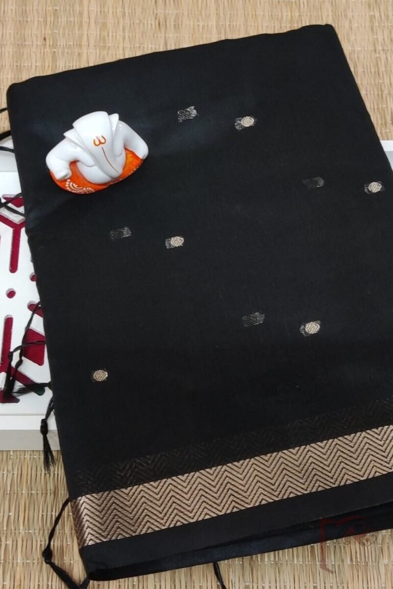 Woven Whispers – Black and Grey Cotton Silk Saree with Zari Buttis and Bottle Grey Pallu