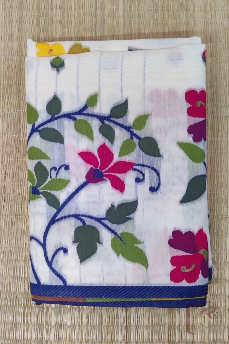 Jamdani Joy - White Cotton Silk Jamdani Saree with Multicolour Floral Pallu and Spade Leaf Motifs - Image 2