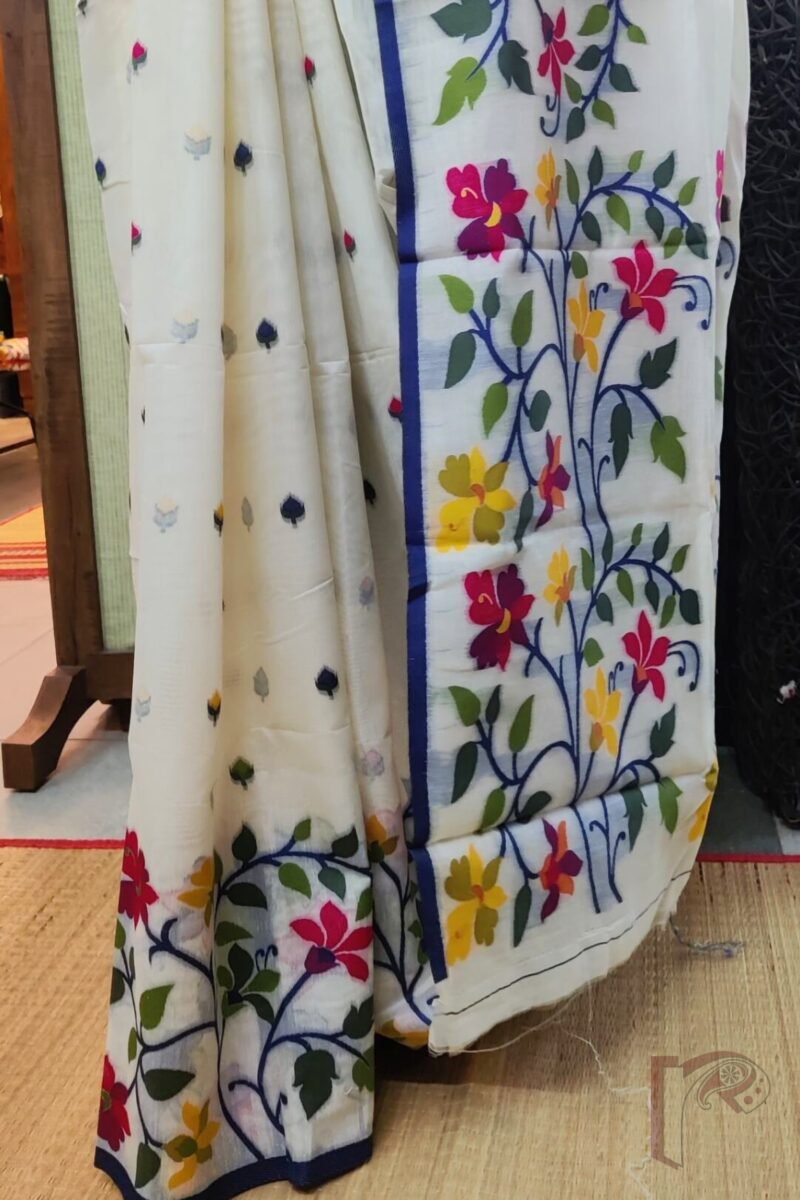 Jamdani Joy - White Cotton Silk Jamdani Saree with Multicolour Floral Pallu and Spade Leaf Motifs - Image 4
