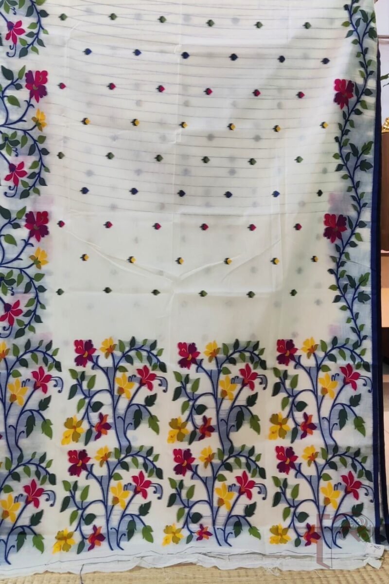 Jamdani Joy - White Cotton Silk Jamdani Saree with Multicolour Floral Pallu and Spade Leaf Motifs - Image 5