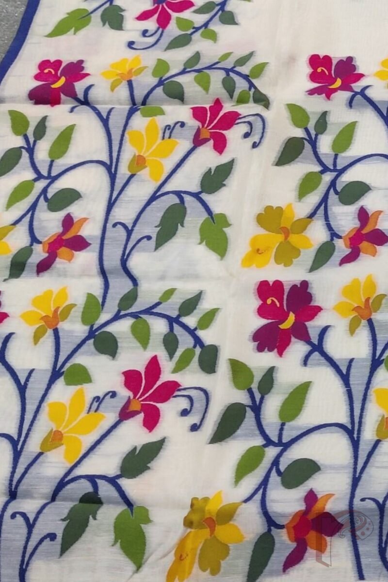 Jamdani Joy - White Cotton Silk Jamdani Saree with Multicolour Floral Pallu and Spade Leaf Motifs - Image 7