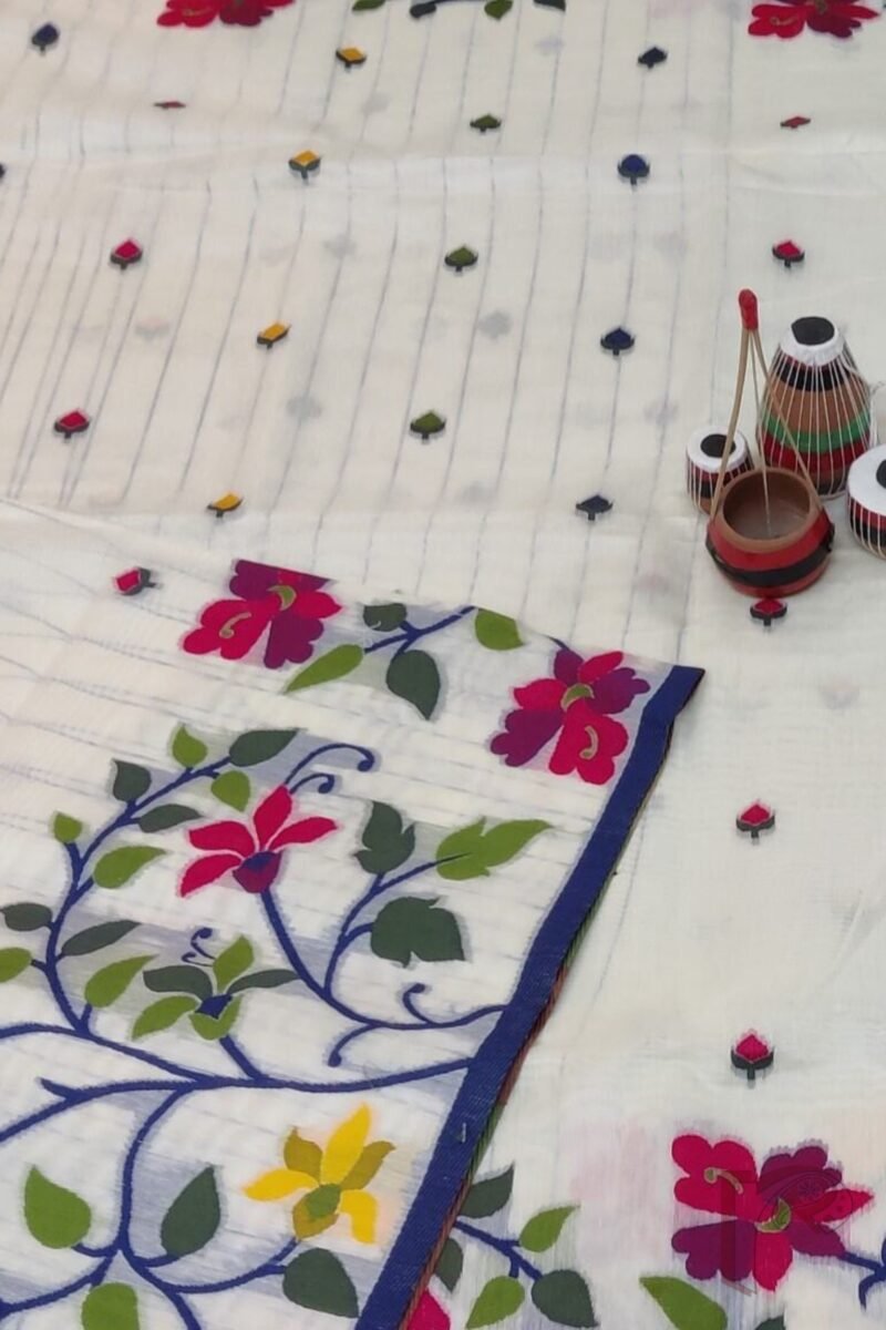 Jamdani Joy - White Cotton Silk Jamdani Saree with Multicolour Floral Pallu and Spade Leaf Motifs - Image 8