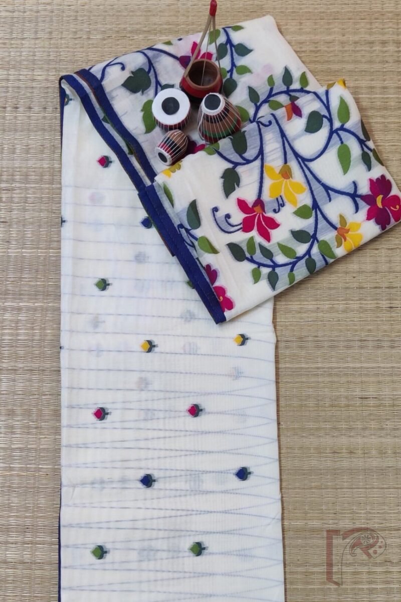 Jamdani Joy - White Cotton Silk Jamdani Saree with Multicolour Floral Pallu and Spade Leaf Motifs