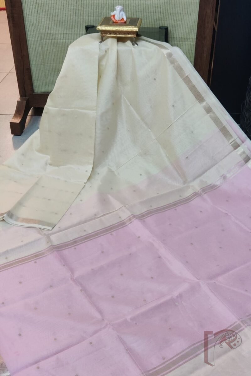 Woven Whispers – Cream and Baby Pink Cotton Silk Saree with Zari Buttis and Pink Pallu - Image 2