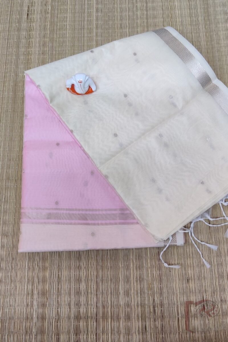 Woven Whispers – Cream and Baby Pink Cotton Silk Saree with Zari Buttis and Pink Pallu - Image 3