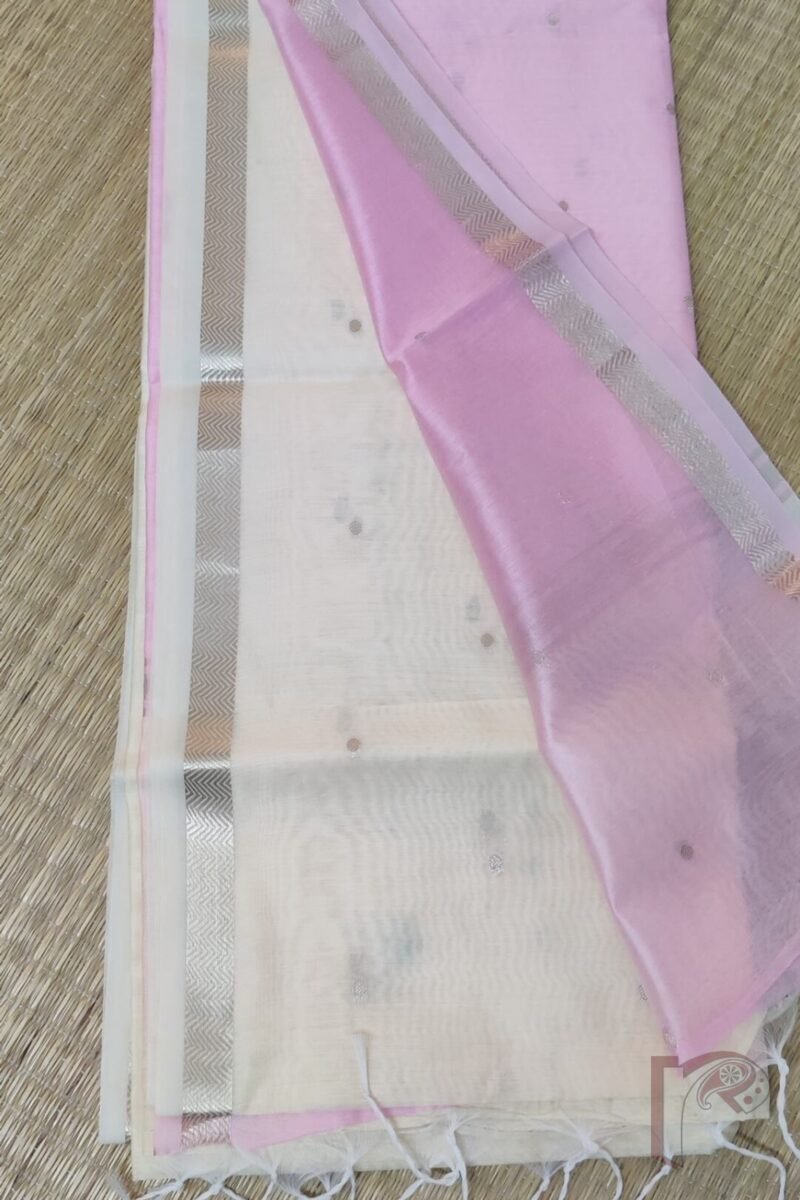 Woven Whispers – Cream and Baby Pink Cotton Silk Saree with Zari Buttis and Pink Pallu - Image 4