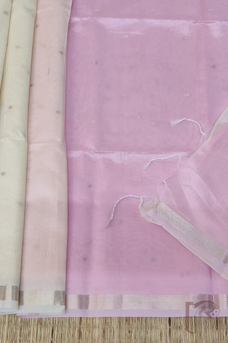 Woven Whispers – Cream and Baby Pink Cotton Silk Saree with Zari Buttis and Pink Pallu - Image 6
