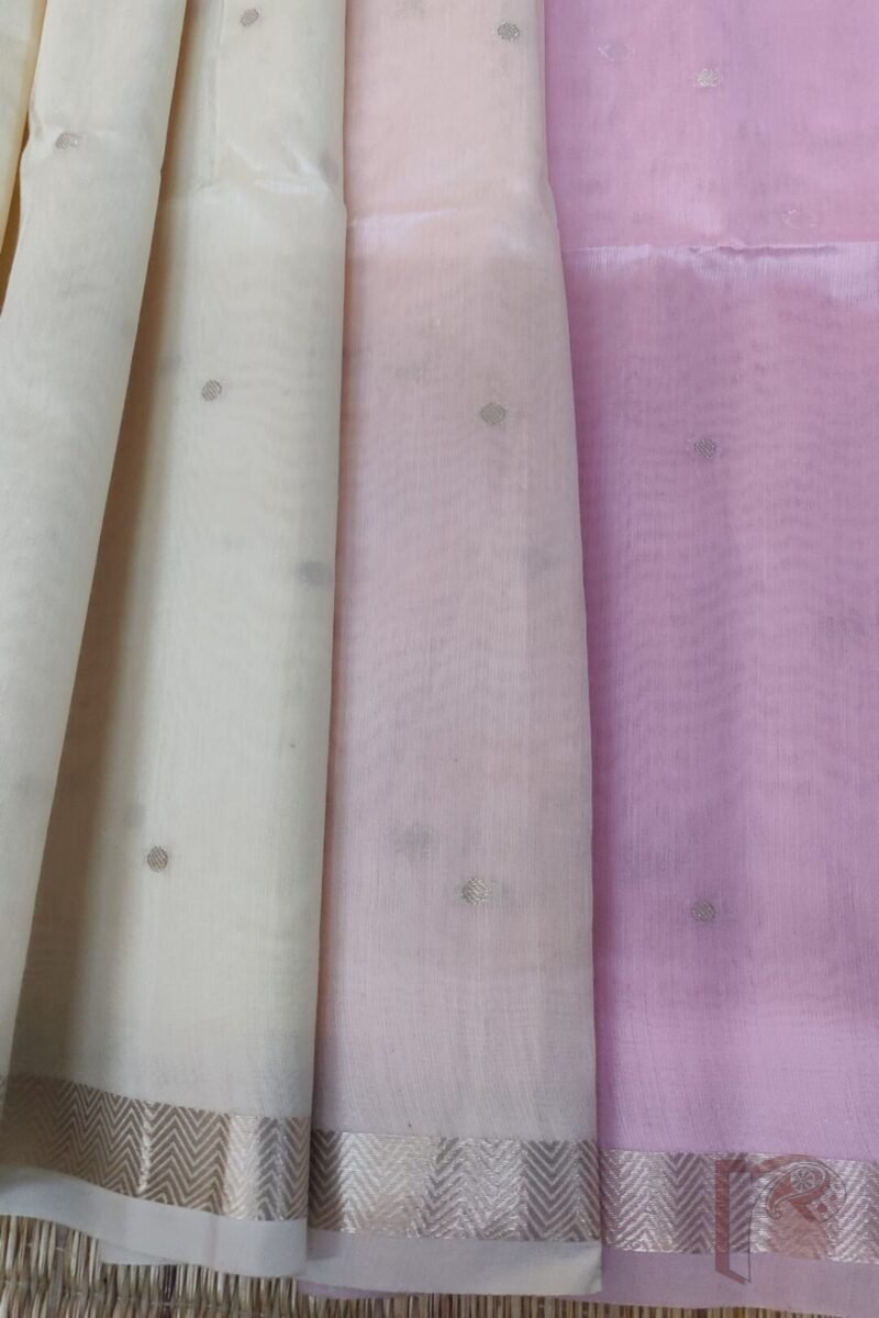 Woven Whispers – Cream and Baby Pink Cotton Silk Saree with Zari Buttis and Pink Pallu - Image 7