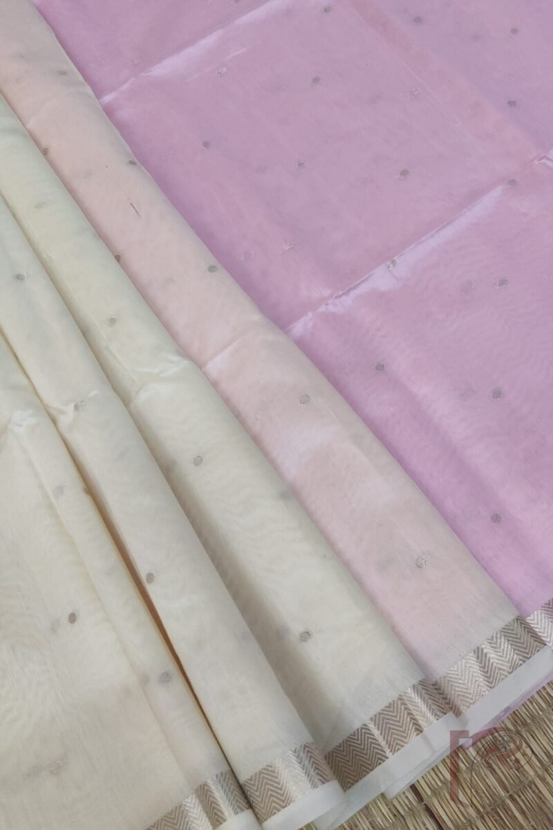 Woven Whispers – Cream and Baby Pink Cotton Silk Saree with Zari Buttis and Pink Pallu - Image 8