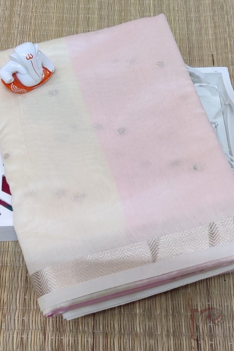 Woven Whispers – Cream and Baby Pink Cotton Silk Saree with Zari Buttis and Pink Pallu