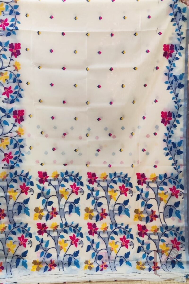 Jamdani Joy - Light Cream Cotton Silk Jamdani Saree with Multicolour Floral Pallu and Grey Selvedge - Image 3