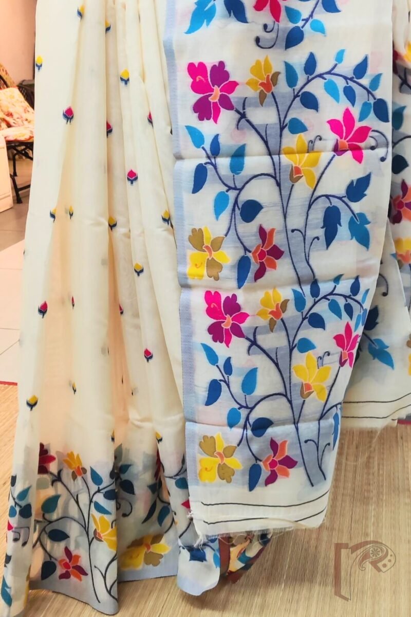 Jamdani Joy - Light Cream Cotton Silk Jamdani Saree with Multicolour Floral Pallu and Grey Selvedge - Image 4