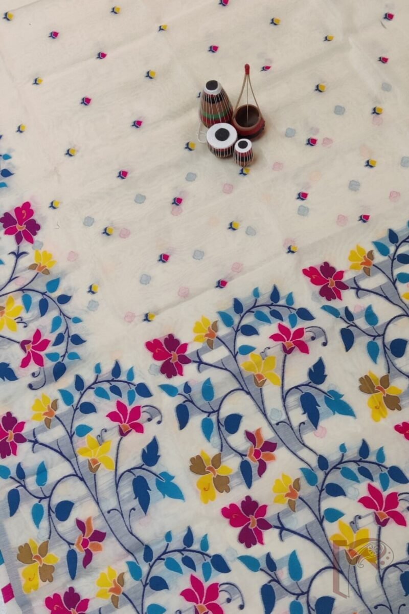 Jamdani Joy - Light Cream Cotton Silk Jamdani Saree with Multicolour Floral Pallu and Grey Selvedge - Image 5