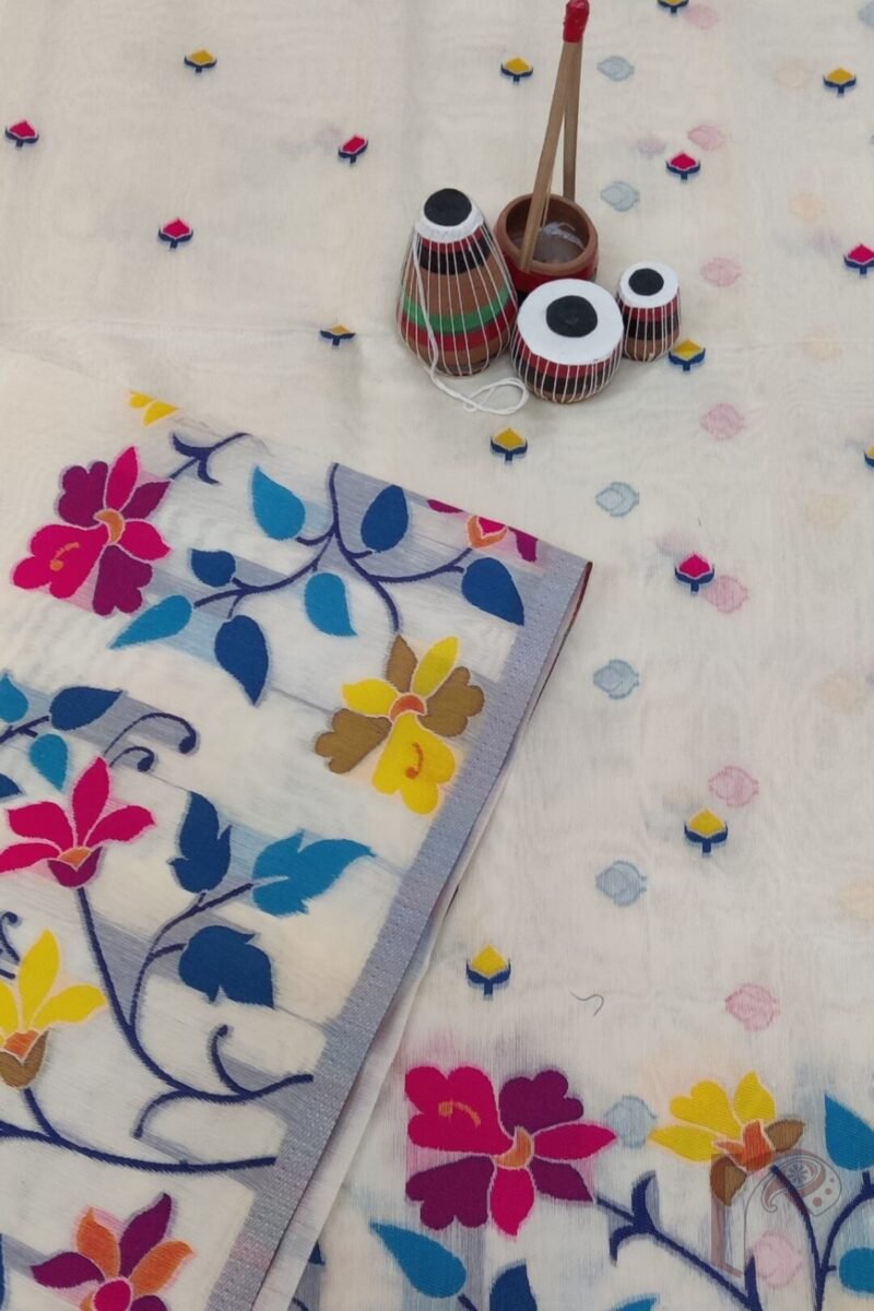 Jamdani Joy - Light Cream Cotton Silk Jamdani Saree with Multicolour Floral Pallu and Grey Selvedge - Image 6